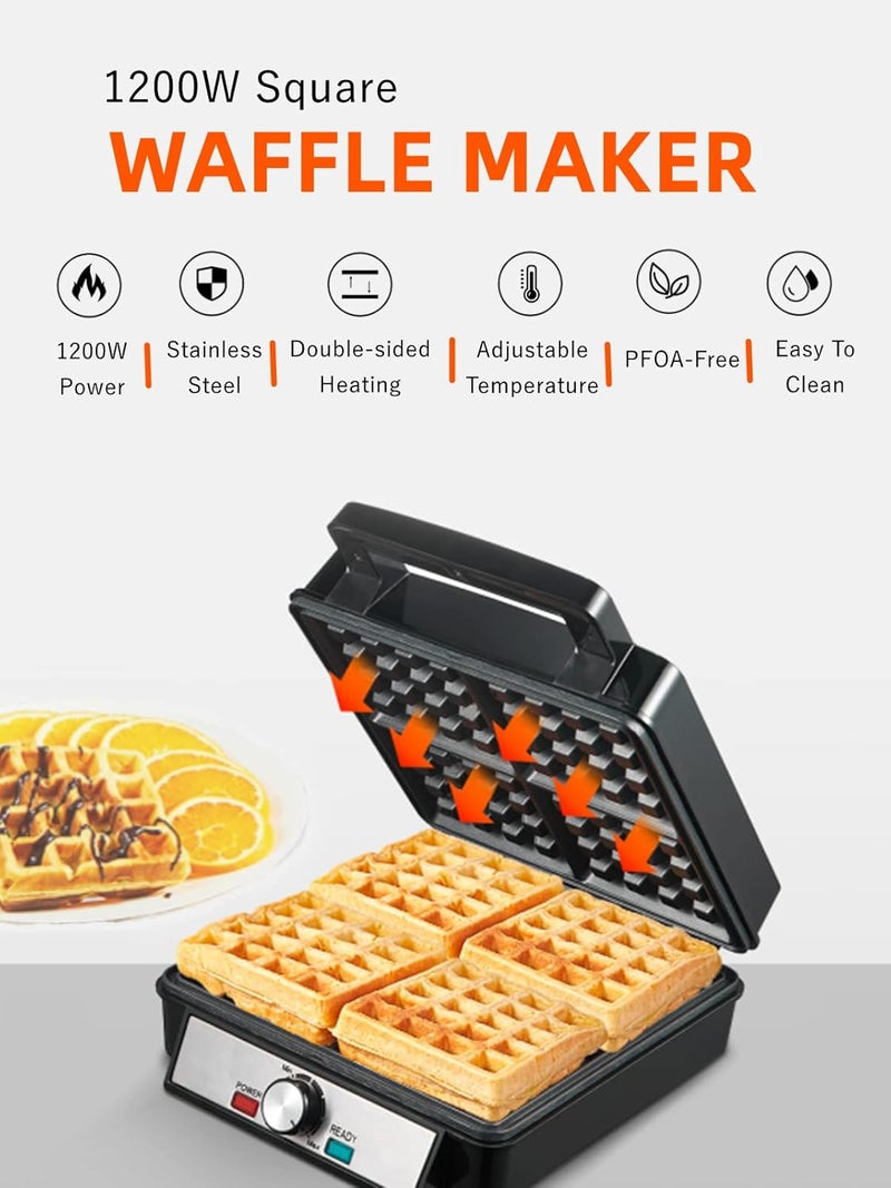 FOHERE 1200W Belgian Waffle Maker 4-Slice, Stainless Steel, 5 Browning Levels, Non-Stick Surfaces, Silver/Black, - Perfect for Family Breakfasts (Black) - Image 2